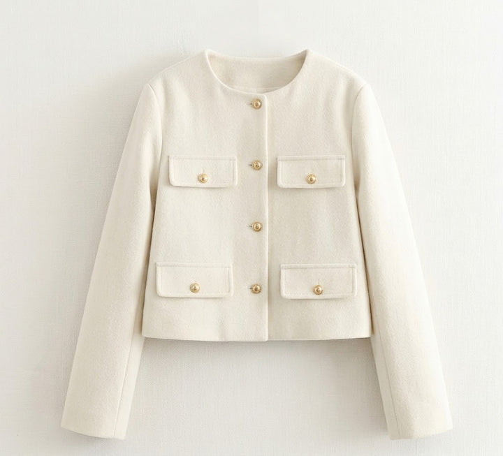 Astrid | Dame Tweed Korte Blazer Rund Hals Gullknapper