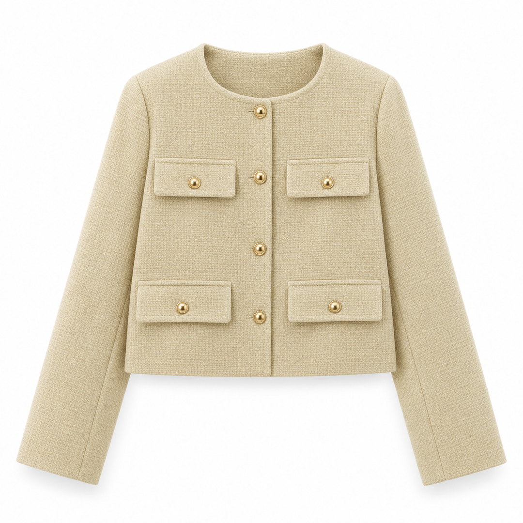 Astrid | Dame Tweed Korte Blazer Rund Hals Gullknapper