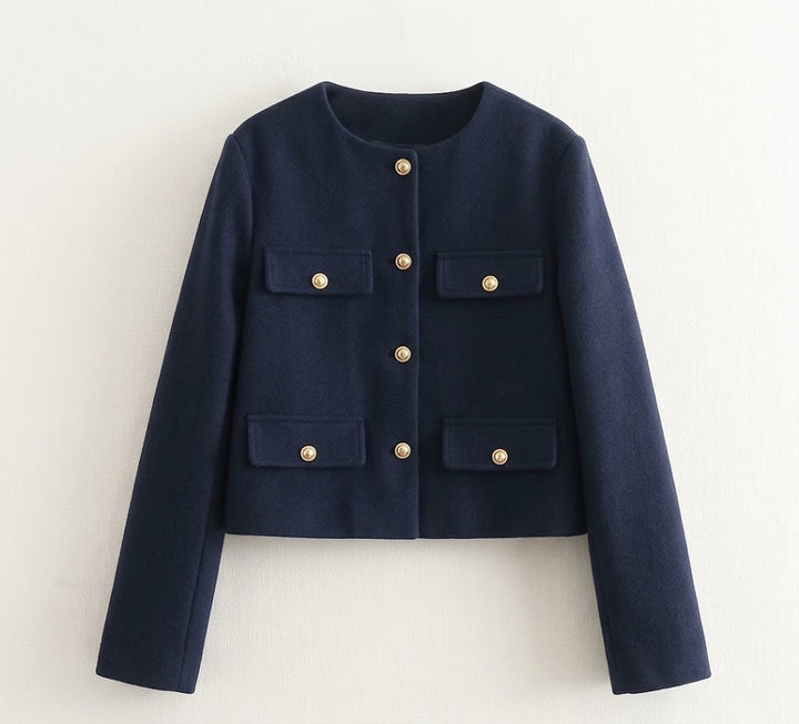 Astrid | Dame Tweed Korte Blazer Rund Hals Gullknapper