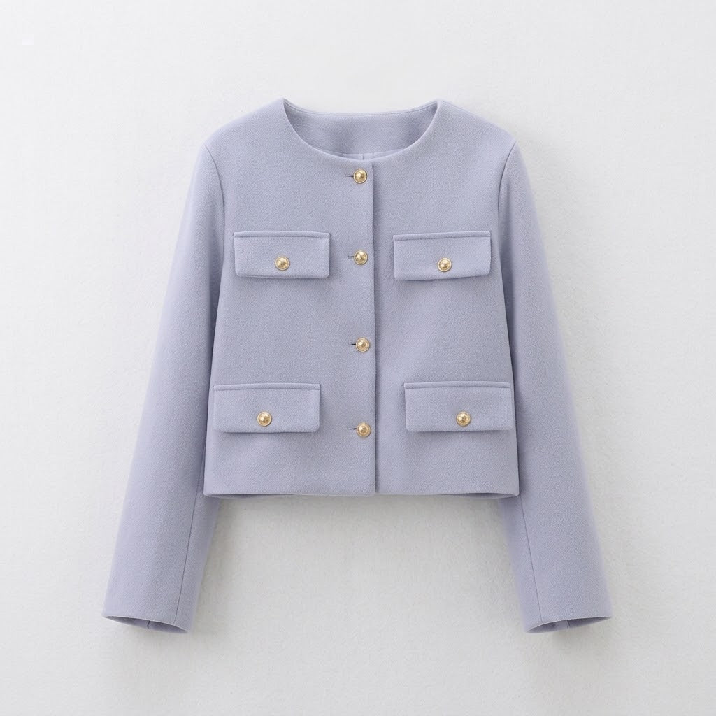 Astrid | Dame Tweed Korte Blazer Rund Hals Gullknapper