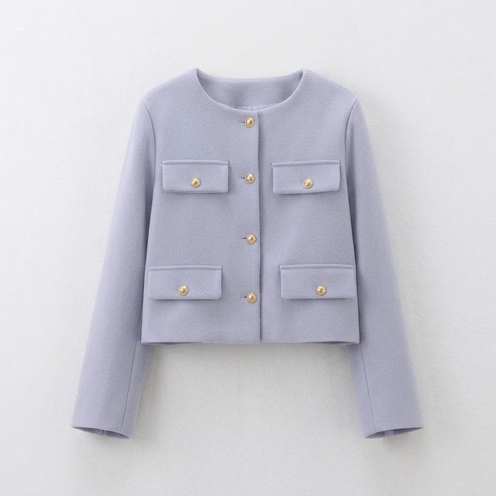 Astrid | Dame Tweed Korte Blazer Rund Hals Gullknapper