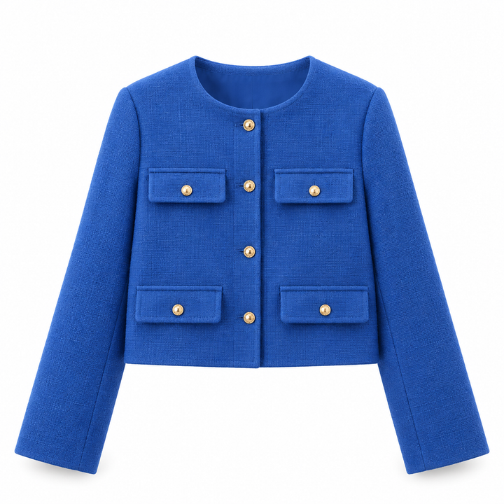Astrid | Dame Tweed Korte Blazer Rund Hals Gullknapper