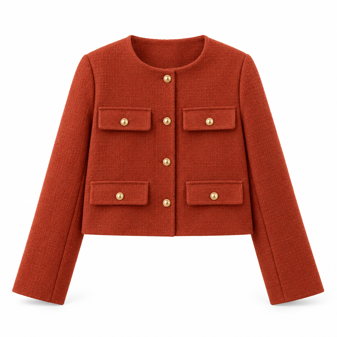 Astrid | Dame Tweed Korte Blazer Rund Hals Gullknapper