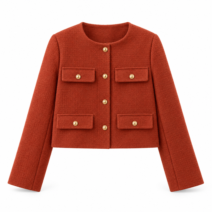 Astrid | Dame Tweed Korte Blazer Rund Hals Gullknapper