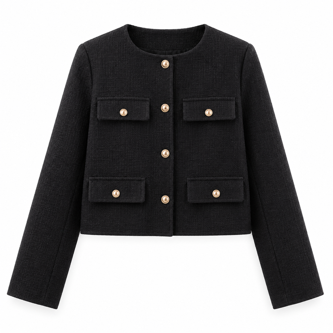 Astrid | Dame Tweed Korte Blazer Rund Hals Gullknapper
