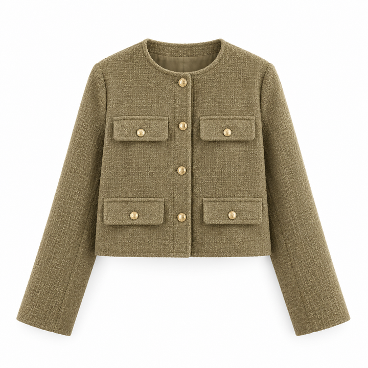 Astrid | Dame Tweed Korte Blazer Rund Hals Gullknapper