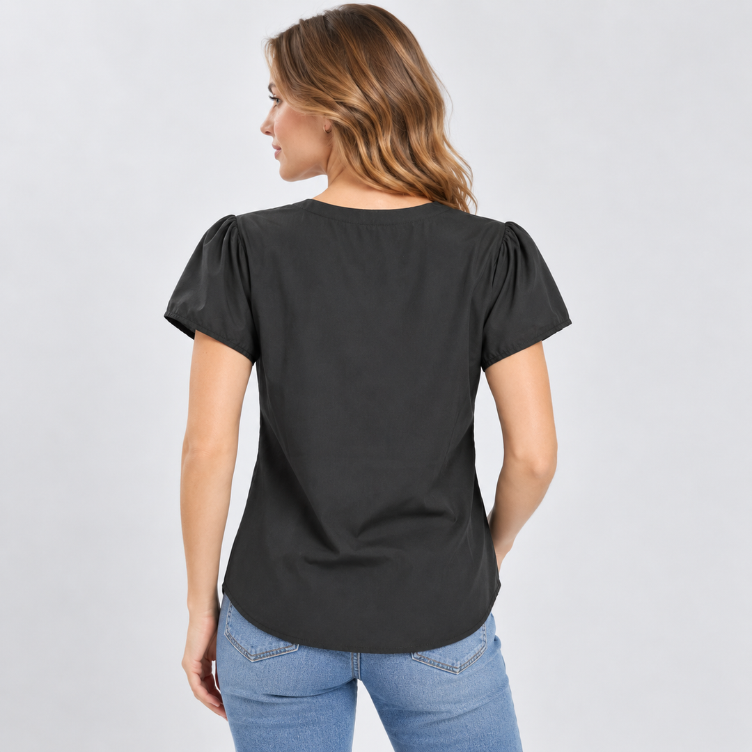 Amelia | Elegant Bluse V-hals Korte Puff-Ermer Avrundet Kant