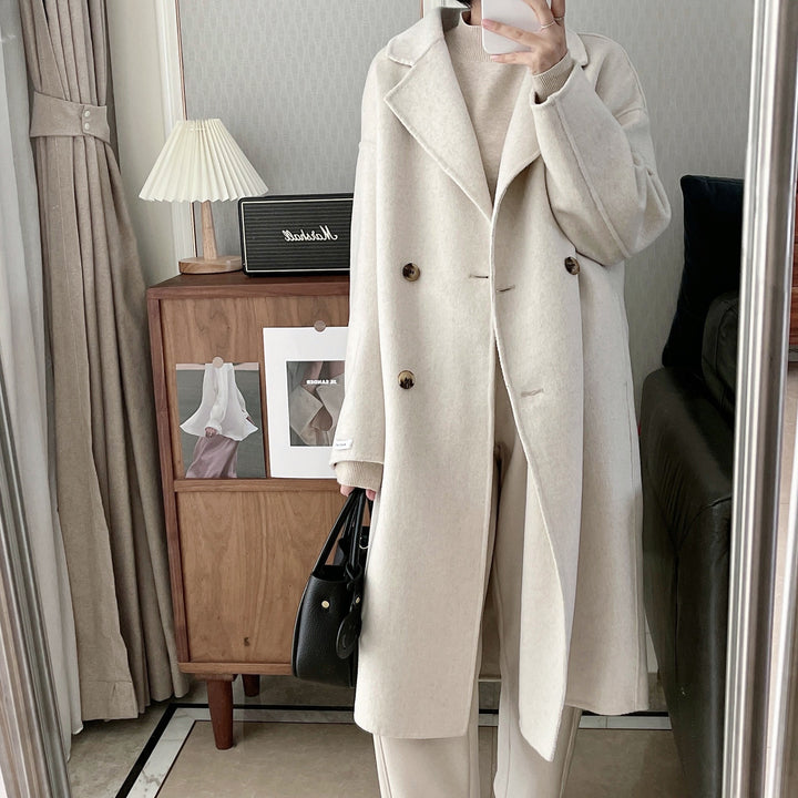 Dame Oversized Dobbeltspent Ullkåpe med Notch Lapels
