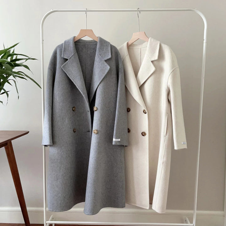 Dame Oversized Dobbeltspent Ullkåpe med Notch Lapels