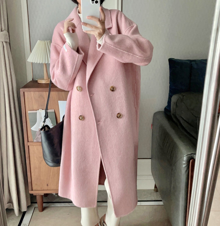 Dame Oversized Dobbeltspent Ullkåpe med Notch Lapels