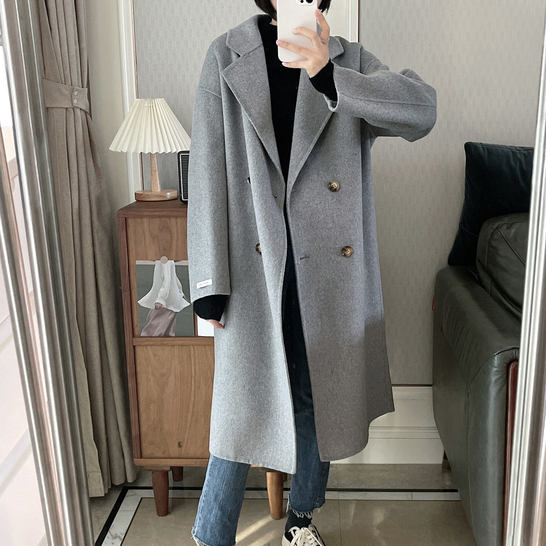 Dame Oversized Dobbeltspent Ullkåpe med Notch Lapels