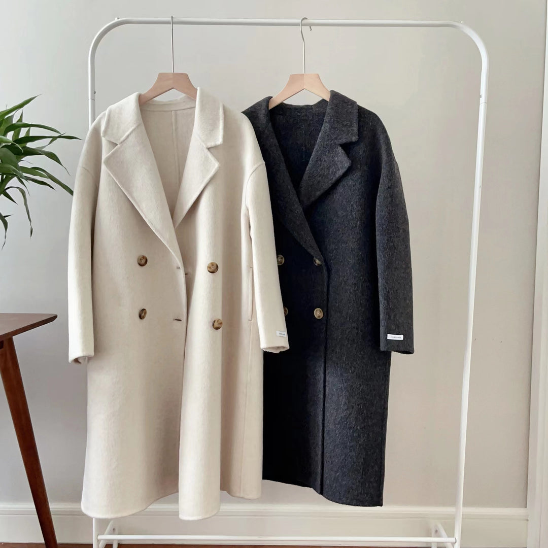 Dame Oversized Dobbeltspent Ullkåpe med Notch Lapels