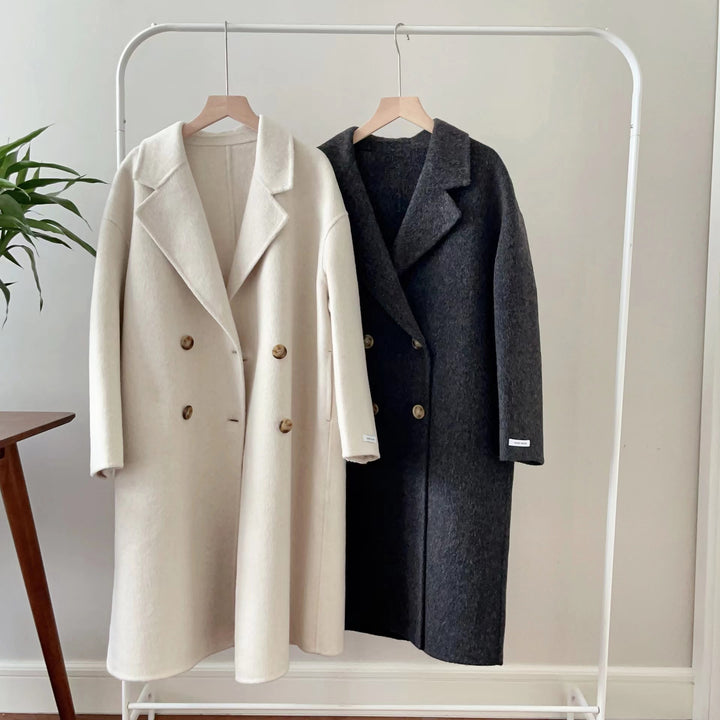 Dame Oversized Dobbeltspent Ullkåpe med Notch Lapels