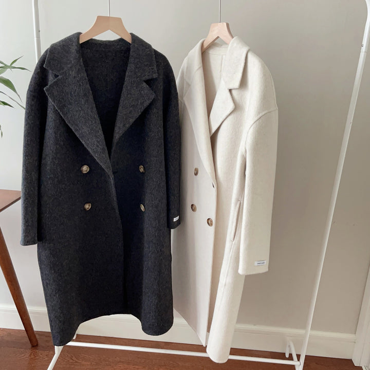 Dame Oversized Dobbeltspent Ullkåpe med Notch Lapels