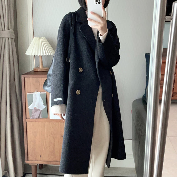 Dame Oversized Dobbeltspent Ullkåpe med Notch Lapels