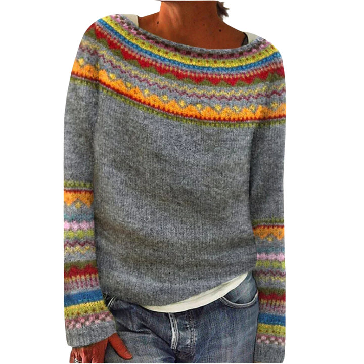 Ella | Dame Fair Isle Strikkegenser med Rund Hals og Avslappet Passform