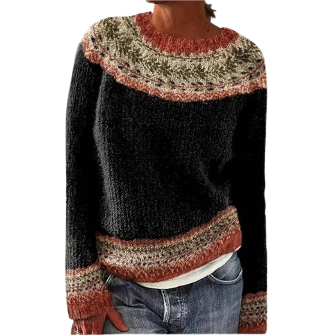 Ella | Dame Fair Isle Strikkegenser med Rund Hals og Avslappet Passform