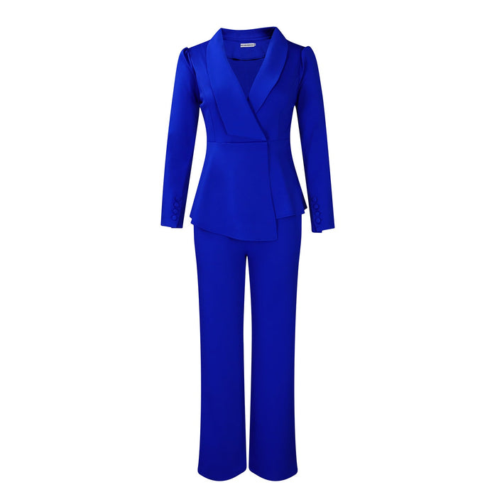 Dame Dress med Peplum-topp og Vide Bukser Shawl-krage