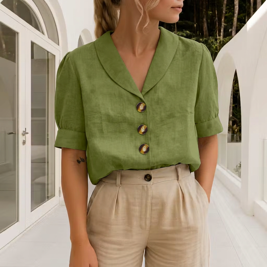 Sofia | Elegant Bluse med Innviket Hals og Korte Ermer