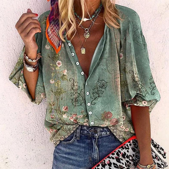 Emma | Boho Bluse V-Hals Lange Ermer Blomstertrykk