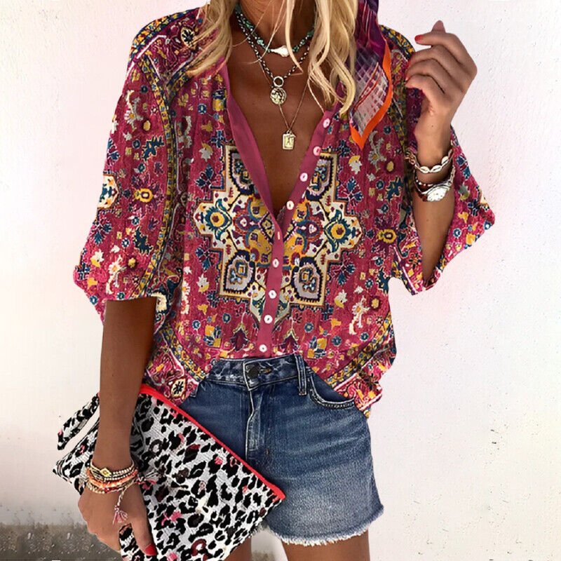 Emma | Boho Bluse V-Hals Lange Ermer Blomstertrykk