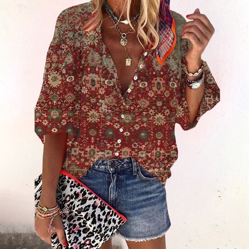 Emma | Boho Bluse V-Hals Lange Ermer Blomstertrykk