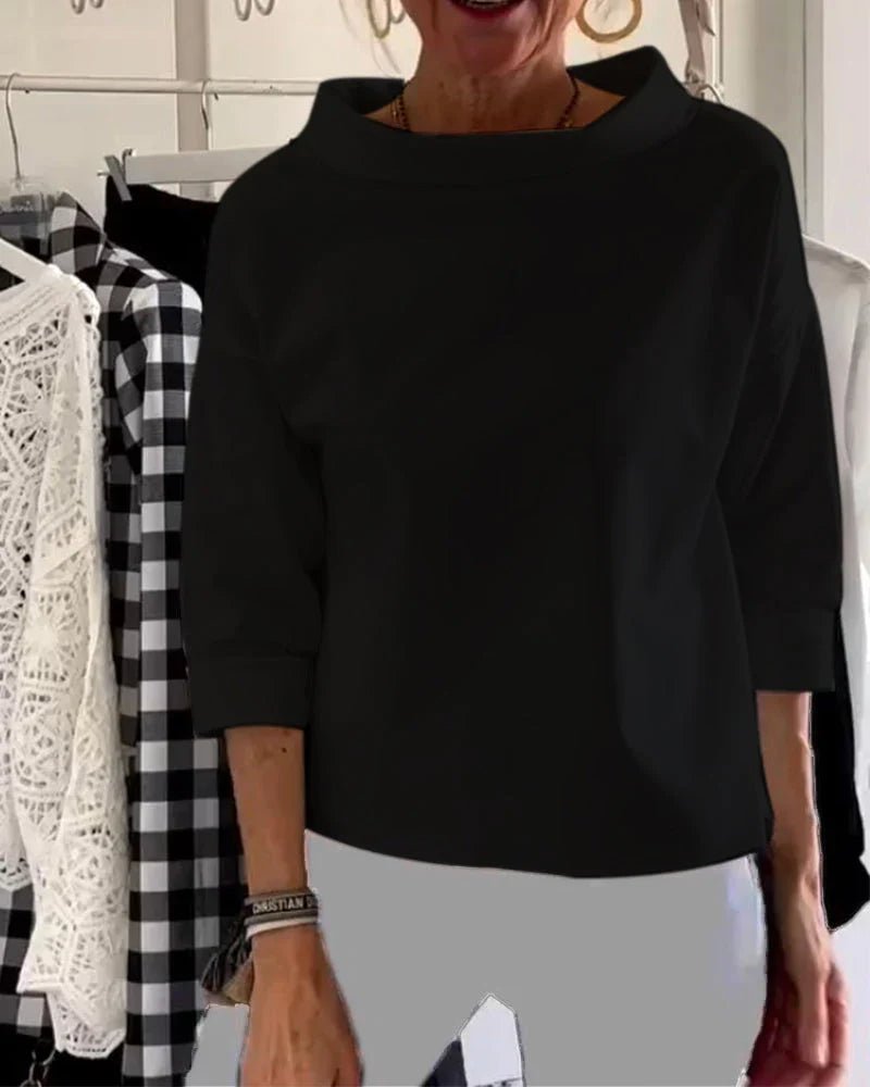 Olivia | Kvinne Relaxed Bateau Neck Bluse med 3/4 Ermer og Senkede Skuldre
