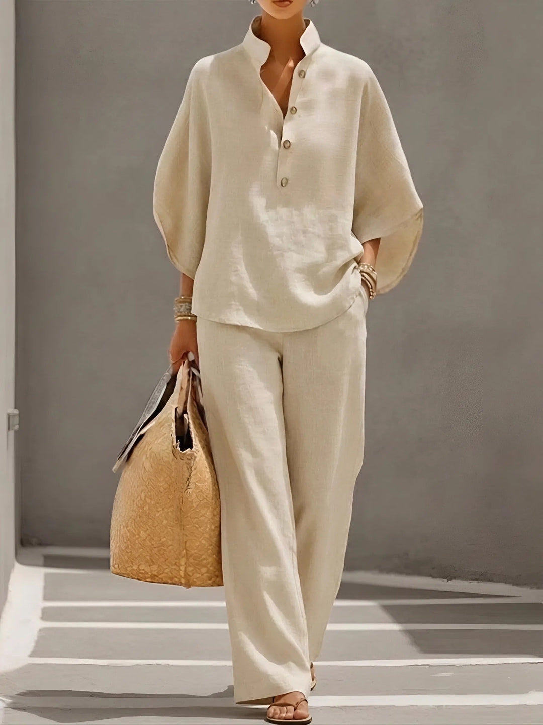 Ella | Kvinne Mandarin Krage Kimono Erme Lin Sett