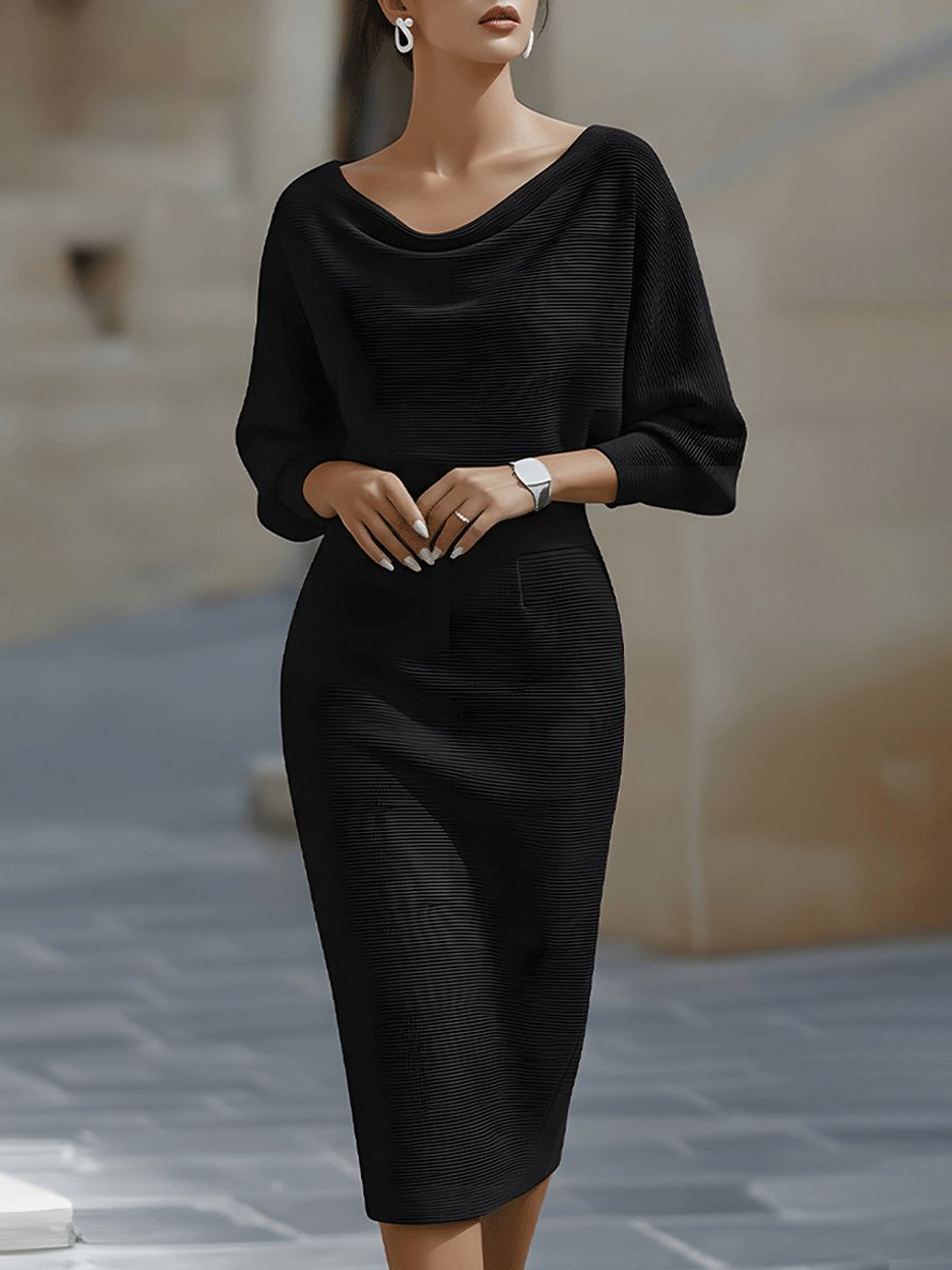 Clara | Midi Kjole med Cowl Hals Satin Bodycon Lange Ermer